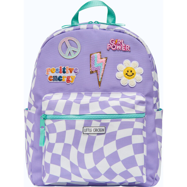 Checkered Pattern Backpack With Patches, Purple