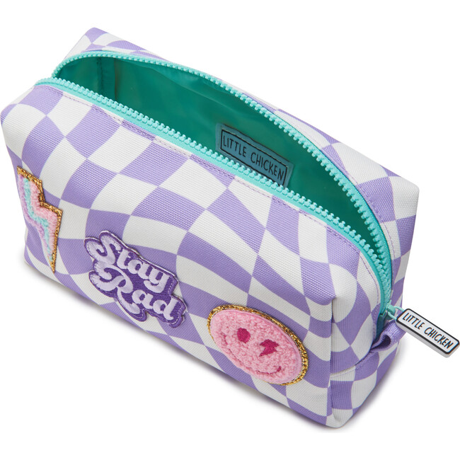 Checkered Pattern Pencil Pouch With Patches, Purple - Bags - 2