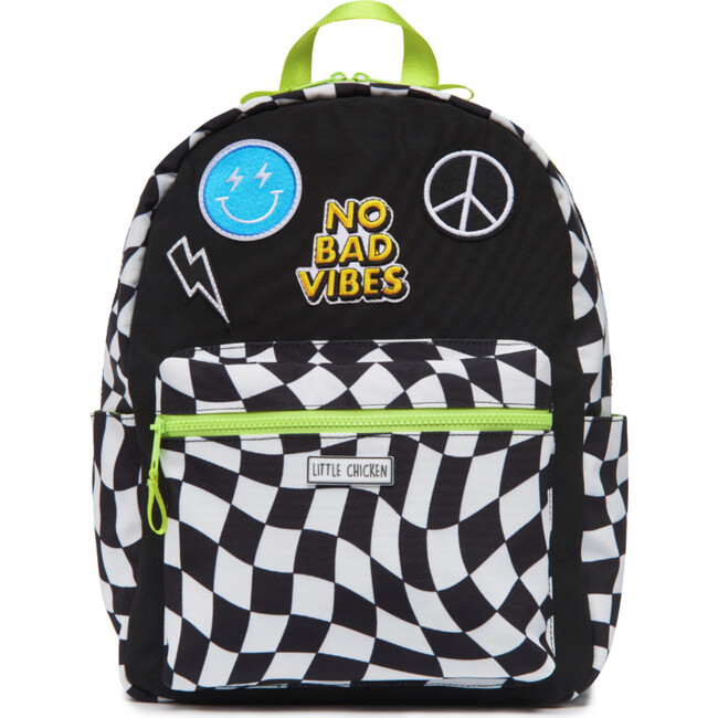 Checkered Pattern Backpack With Patches, Black