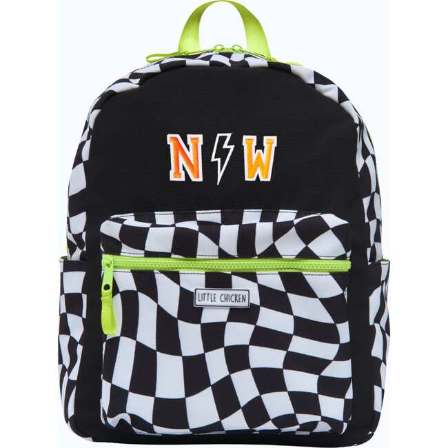 Checkered Pattern Backpack With Monogram Patches, Black
