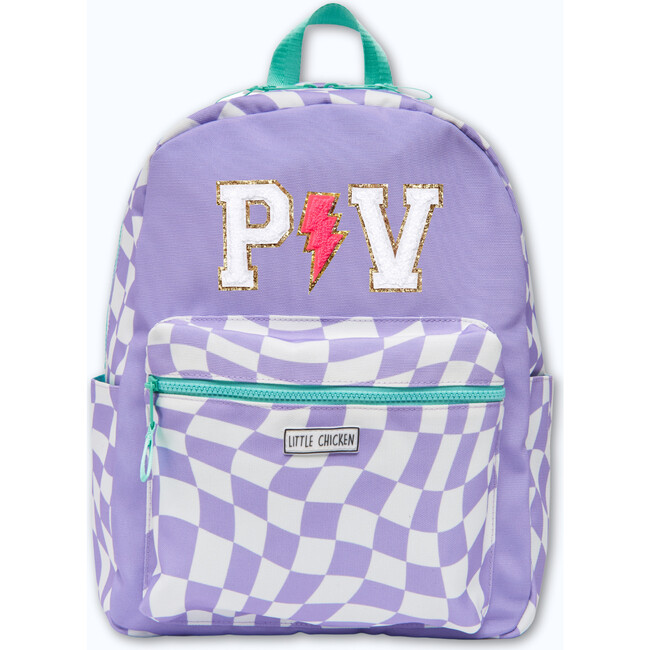Checkered Pattern Backpack With Monogram Patches, Purple