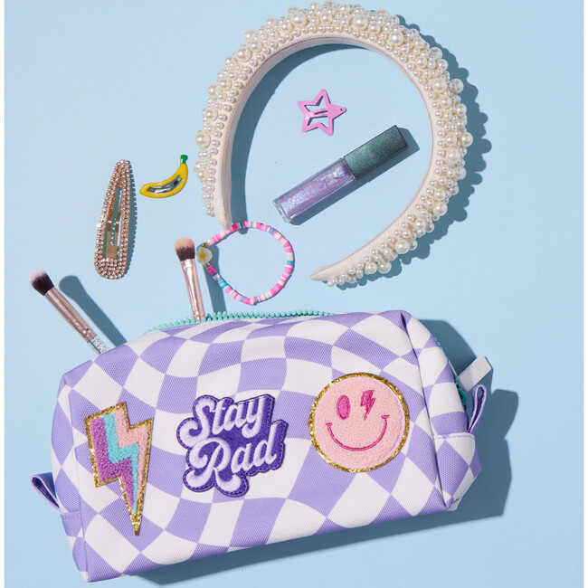 Checkered Pattern Pencil Pouch With Patches, Purple - Bags - 3