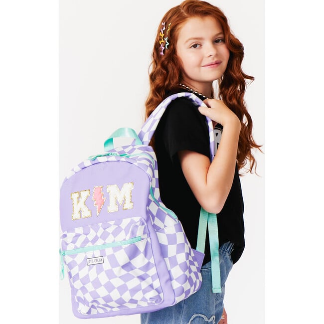 Checkered Pattern Backpack With Monogram Patches, Purple - Backpacks - 2