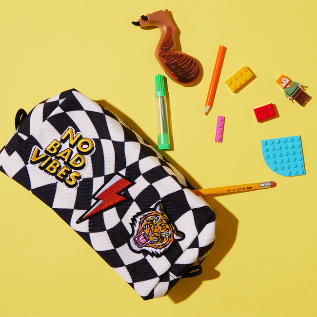 Checkered Pattern Pencil Pouch With Patches, Black - Bags - 3