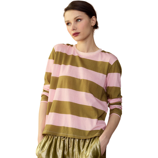 Women's Striped Long Sleeve Everyday Tee, Pink & Olive