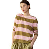 Women's Striped Long Sleeve Everyday Tee, Pink & Olive - T-Shirts - 1 - thumbnail