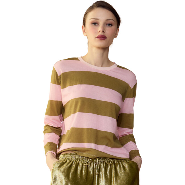 Women's Striped Long Sleeve Everyday Tee, Pink & Olive - T-Shirts - 3