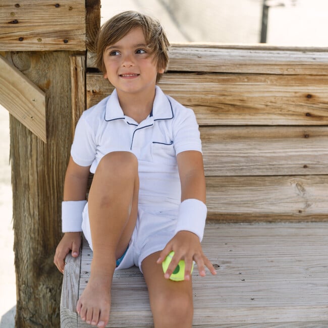 Boys White French Terry Shorts With Navy Trim - Shorts - 6