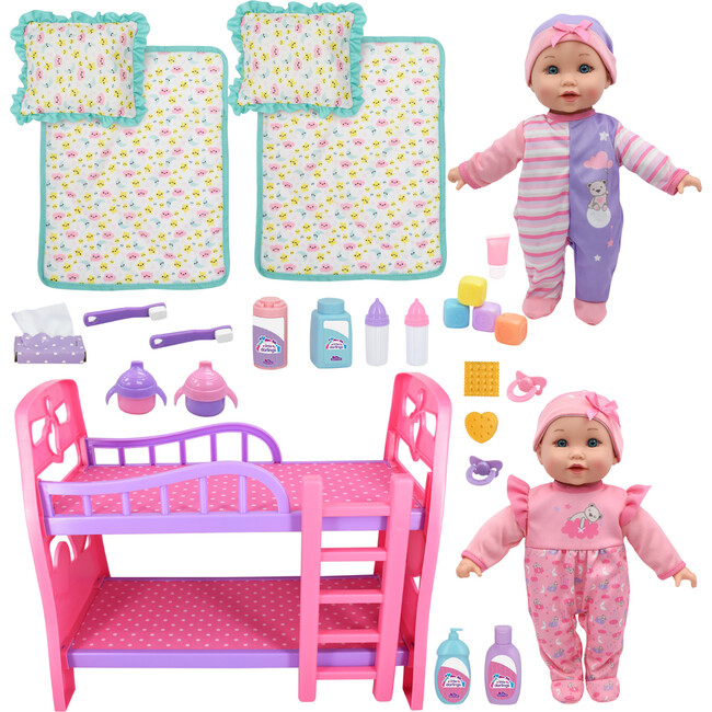 Little Darlings: 12" Twin Dolls Bedtime Fun Set - 29pc, Pink, Purple Green