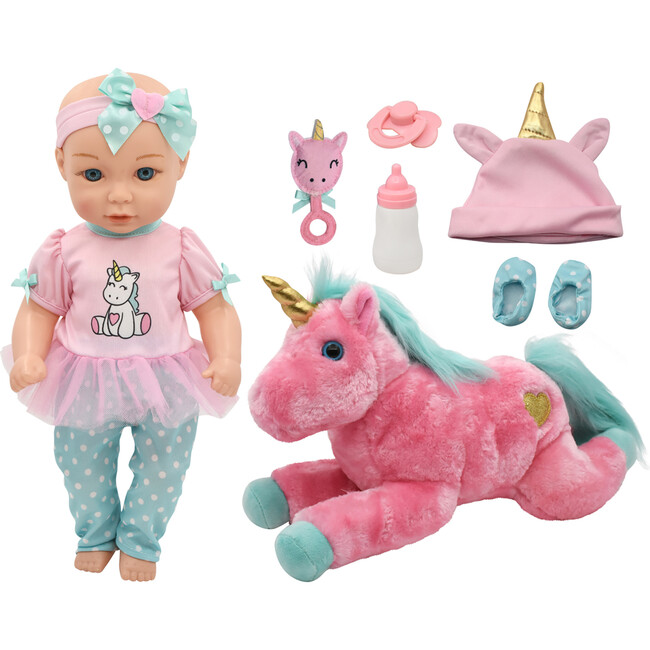 Little Darlings: 15" Hop On Baby Set - Unicorn, Pink, Green