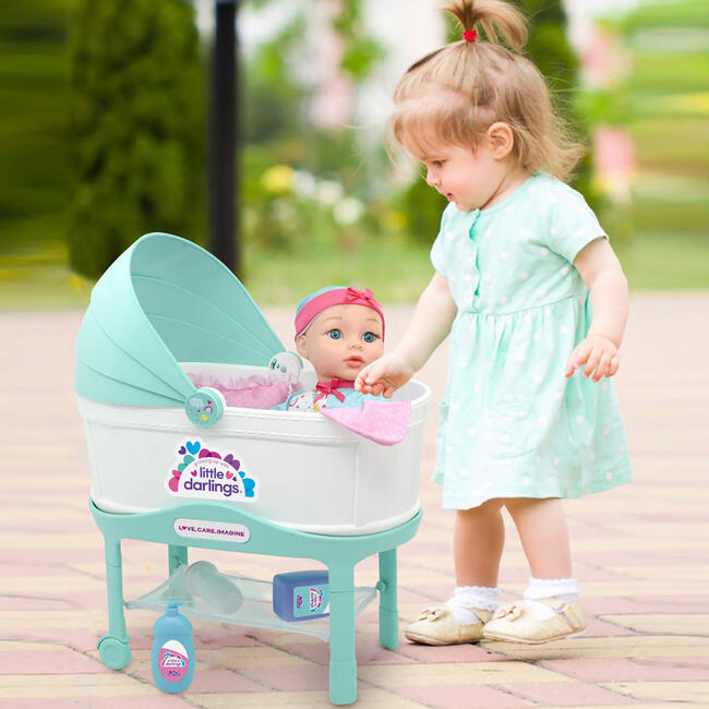 Little Darlings: 12" Bassinet Baby Doll Set - Teal, Pink, Stars - Doll Accessories - 2