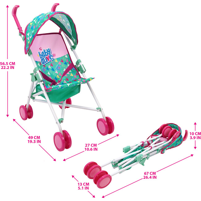 Baby Alive: Doll Umbrella Stroller - Green, Pink, Hearts - Doll Accessories - 3