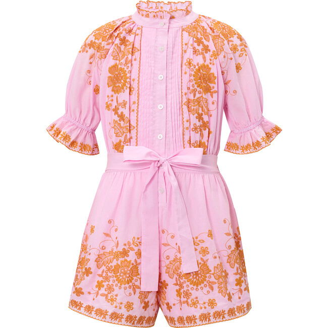 Lea Floral Embroidered Short Puff Sleeve Romper, Pink