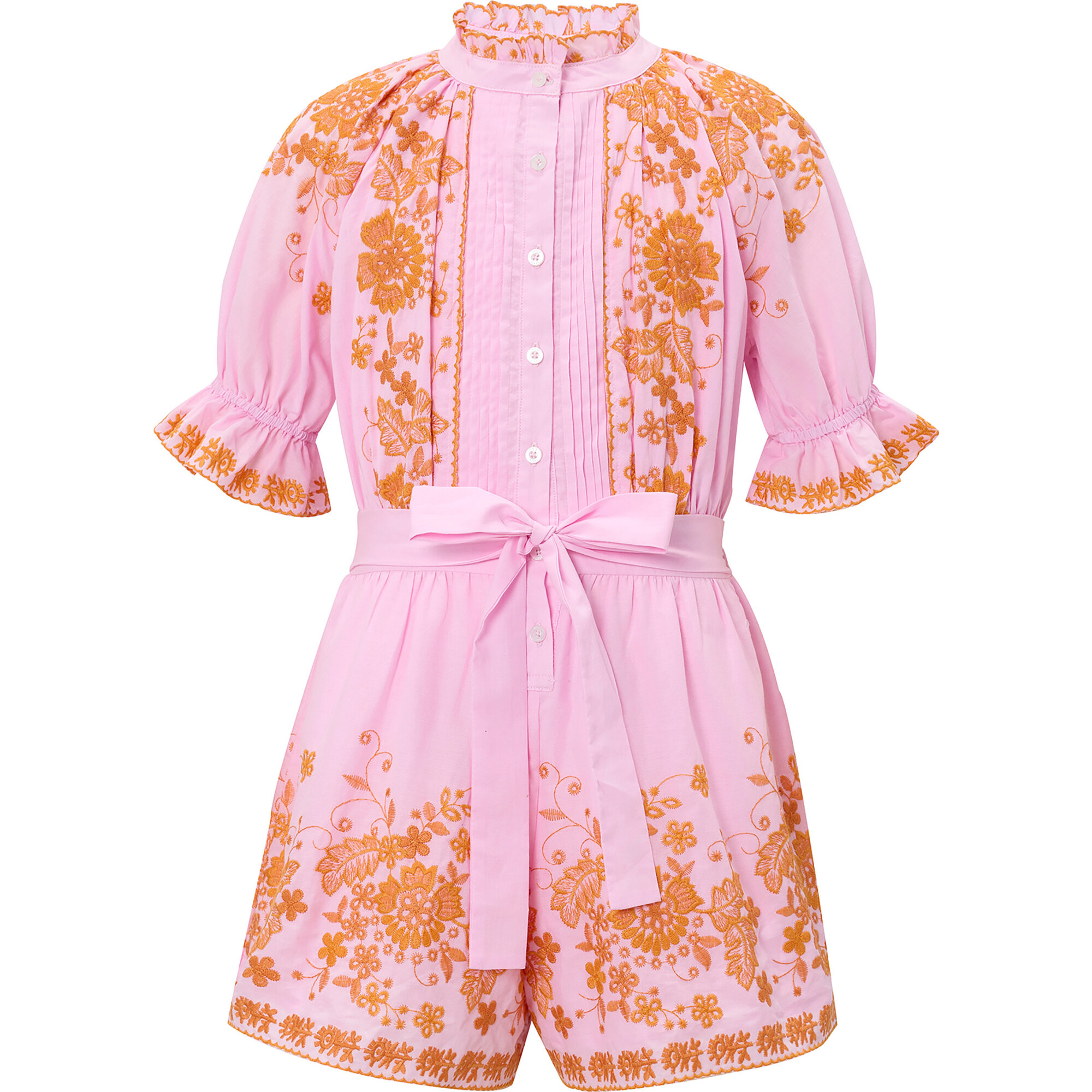 Lea Floral Embroidered Short Puff Sleeve Romper, Pink - Rompers - 1