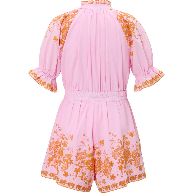 Lea Floral Embroidered Short Puff Sleeve Romper, Pink - Rompers - 2