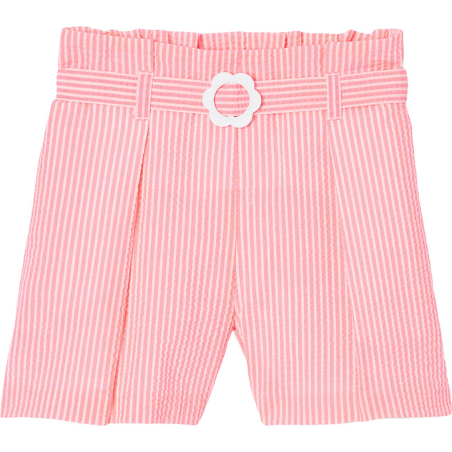 Girl Seersucker Shorts, White & Coral