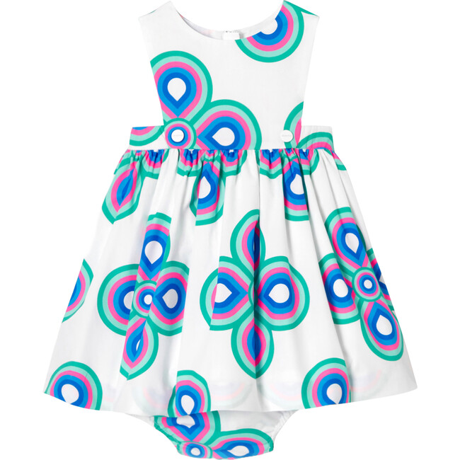 Baby Girl Oversized Flower Print Pinafore Dress, White & Multicolours