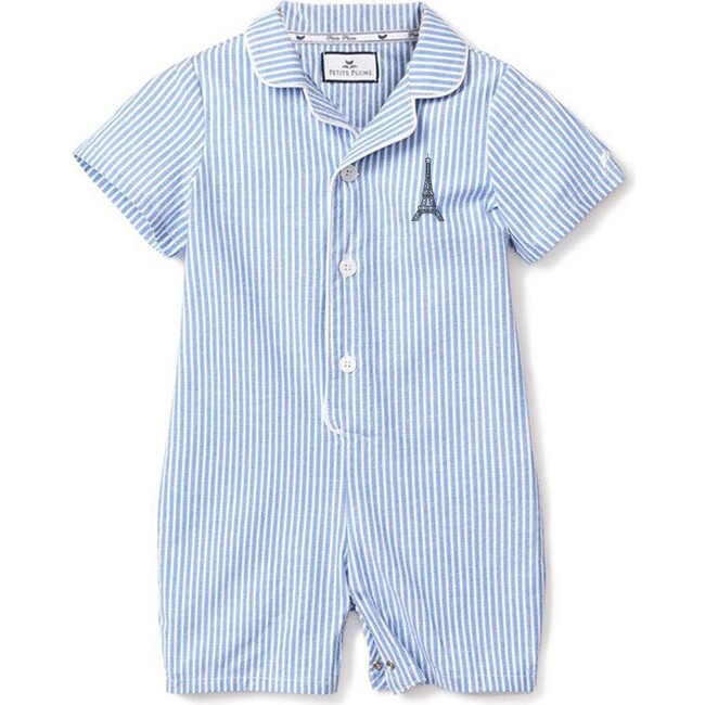 Eiffel Tower Embroidery Classic Romper, French Blue Seersucker