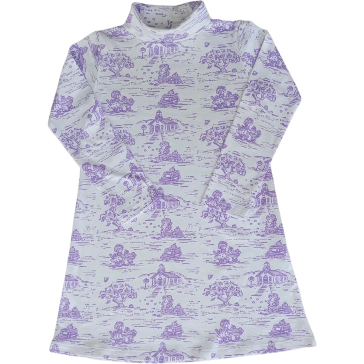 School Days Toile Print Turtleneck Long Sleeve Dress, Purple & White - Dresses - 1