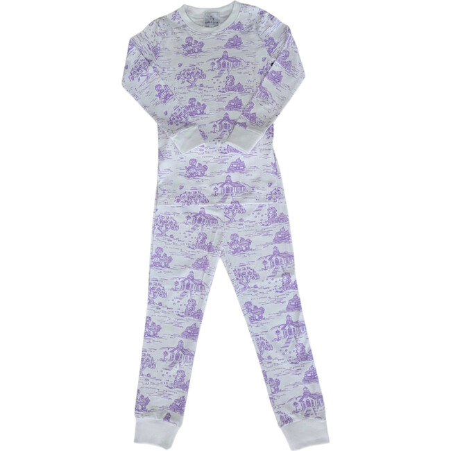 School Days Toile Print Long Sleeve 2-Piece Pajama Set, Purple & White