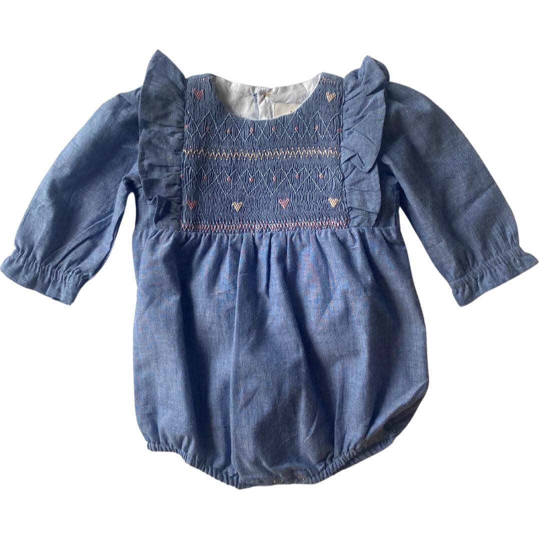 Chambray Hearts Long Sleeve Smocked Ruffle Bubble, Blue & Pink - Rompers - 1