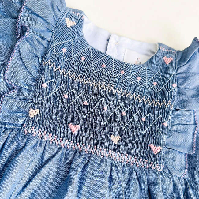 Chambray Hearts Long Sleeve Smocked Ruffle Bubble, Blue & Pink - Rompers - 2