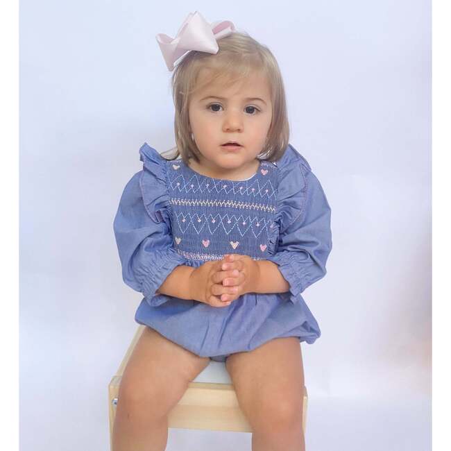 Chambray Hearts Long Sleeve Smocked Ruffle Bubble, Blue & Pink - Rompers - 3