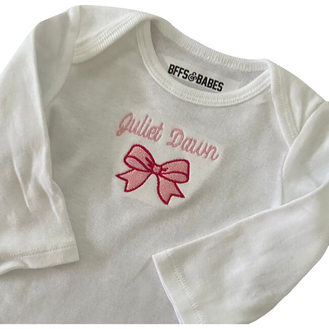 Baby Embroidered Bow Stitch Long Sleeve Bodysuit, White - Onesies - 2