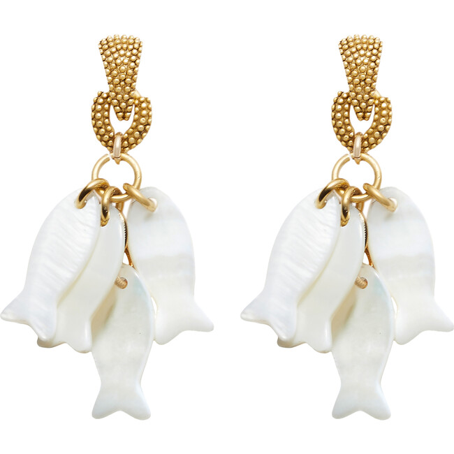 Women's School Of Fish Charm Hang Earrings, Gold & MOP