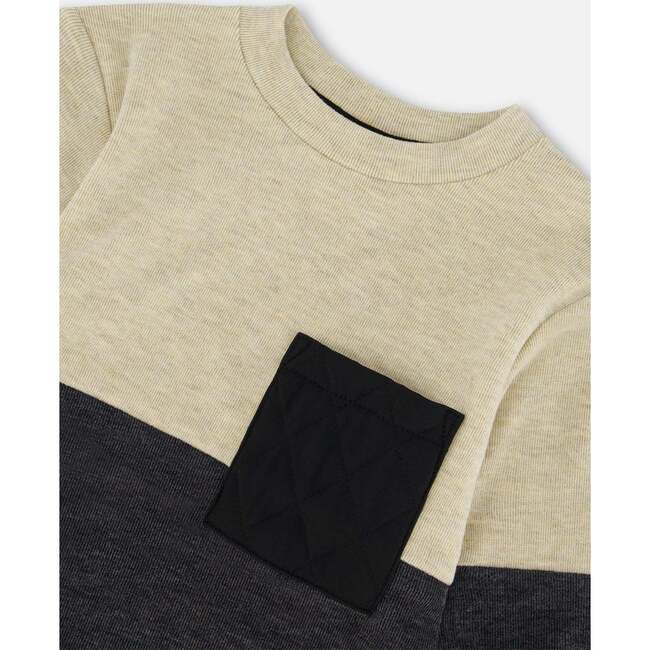 Super Soft Color-Block Quilted Pocket Top, Beige & Black - T-Shirts - 5