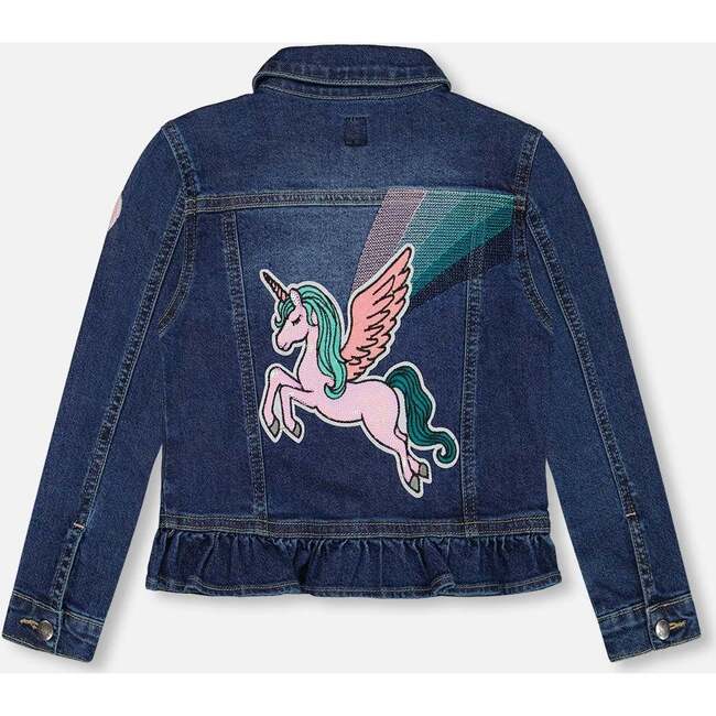 Sequin Unicorn Back Ruffle Hem Stretch Jacket, Denim - Jackets - 5