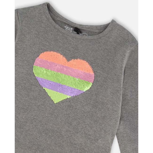 Sequin Heart Long Sleeve T-Shirt, Dark Gray & Multicolors - T-Shirts - 4