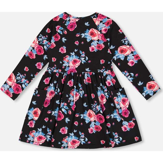 Roses Print Round Neck Long Sleeve Pockets Dress, Black - Dresses - 3