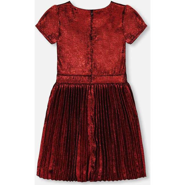 Round Neck Short Sleeve Pleated Skirt Dress, Metallic Red - Dresses - 4