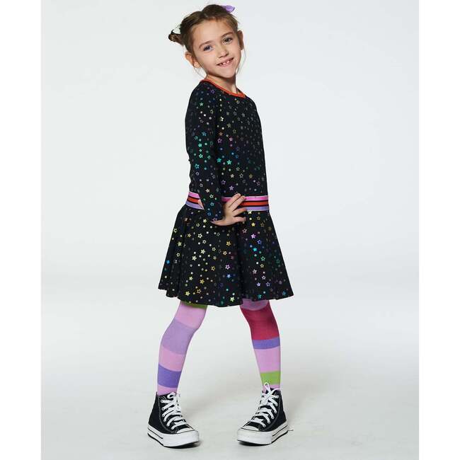 Rainbow Star Print Long Sleeve Foil Dress, Black - Dresses - 2