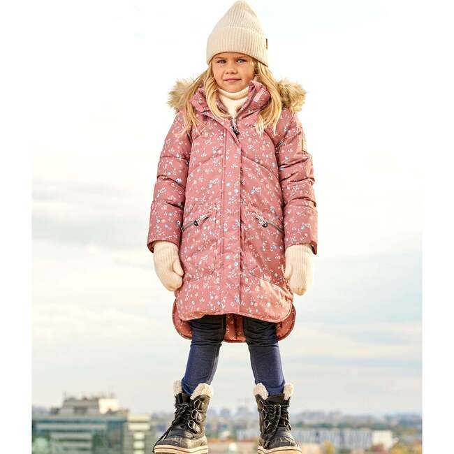 Puffy Long Coat, Dusty Pink With Small Flowers - Jackets - 2