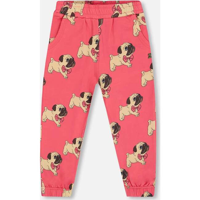 Pug Print All-Over Fleece Sweatpants, Magenta