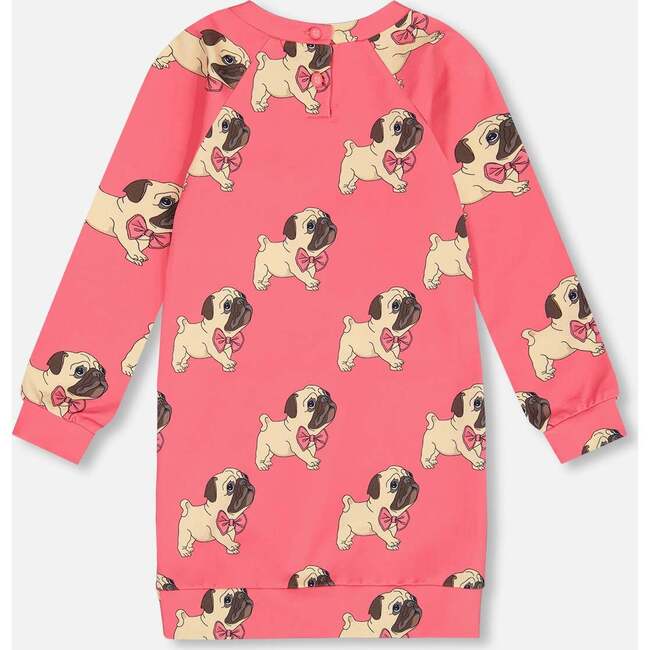 Pug Print Long Sleeve Fleece Dress With Pocket, Magenta - Dresses - 3