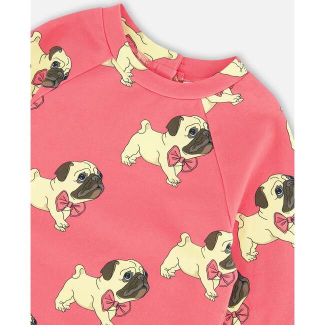 Pug Print Long Sleeve Fleece Dress With Pocket, Magenta - Dresses - 4