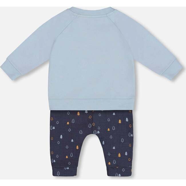 Organic Cotton Top & Pine Print Muslin Pant Set, Light Blue - Mixed Apparel Set - 3