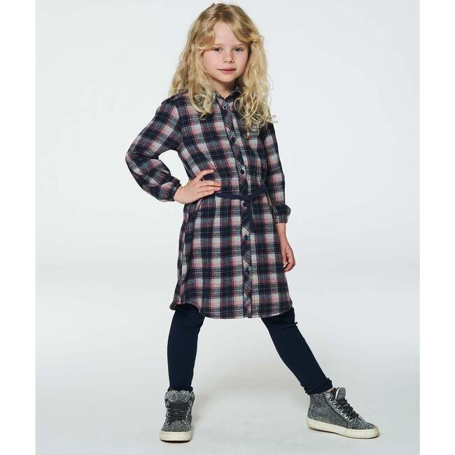 Shirt Flannel Dress With Belt, Plaid Navy & Pink - Dresses - 3