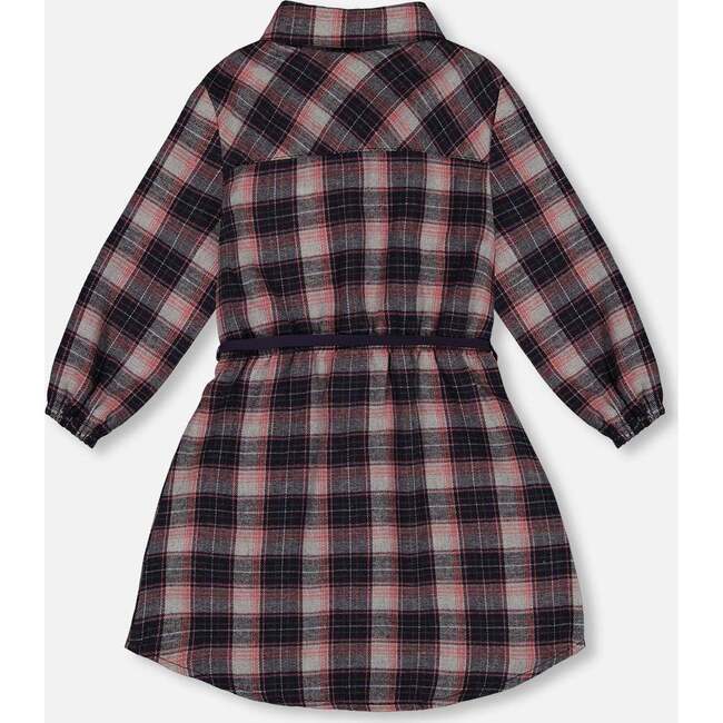 Shirt Flannel Dress With Belt, Plaid Navy & Pink - Dresses - 4