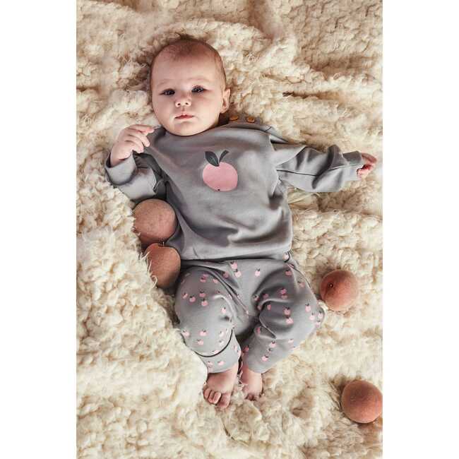 Organic Cotton Long Sleeve Top & Apples Print Pants Set, Gray - Mixed Apparel Set - 2