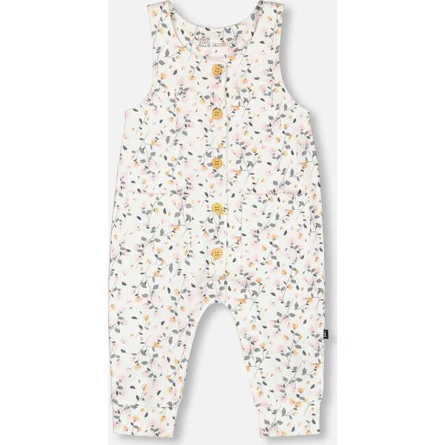 Organic Cotton Onesie & Flowers Print Overall Set, Cream - Mixed Apparel Set - 6