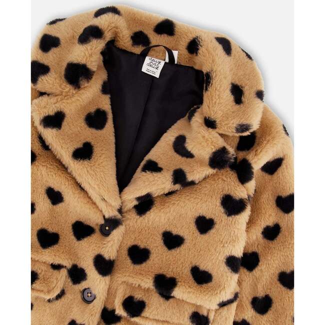 Heart Print Faux Fur Long Coat, Caramel - Jackets - 5
