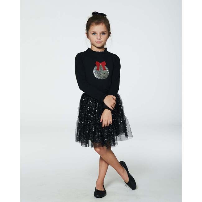 Frill Neck Shiny Print Long Sleeve T-Shirt, Black - T-Shirts - 2