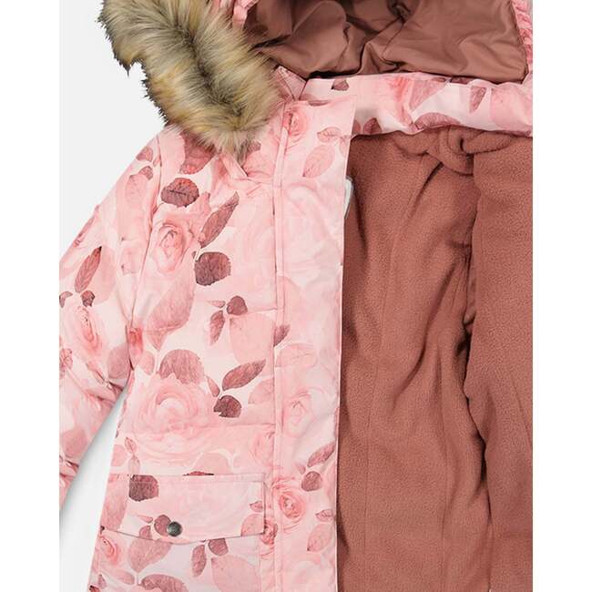 Print Faux Fur Hooded Puffy Jacket, Rose Petals - Jackets - 3