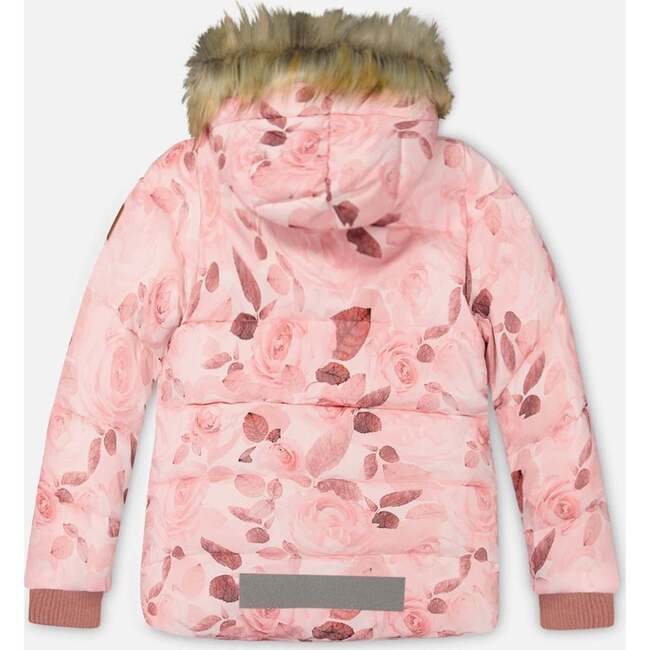 Print Faux Fur Hooded Puffy Jacket, Rose Petals - Jackets - 4