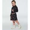 Flowers Print Viscose Long Sleeve Lace Trim Belted Shirt Dress, Black - Dresses - 2