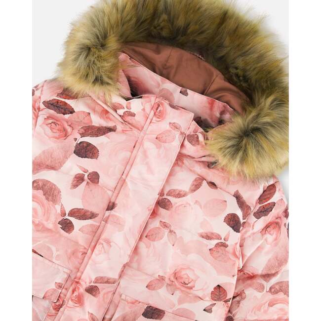 Print Faux Fur Hooded Puffy Jacket, Rose Petals - Jackets - 5